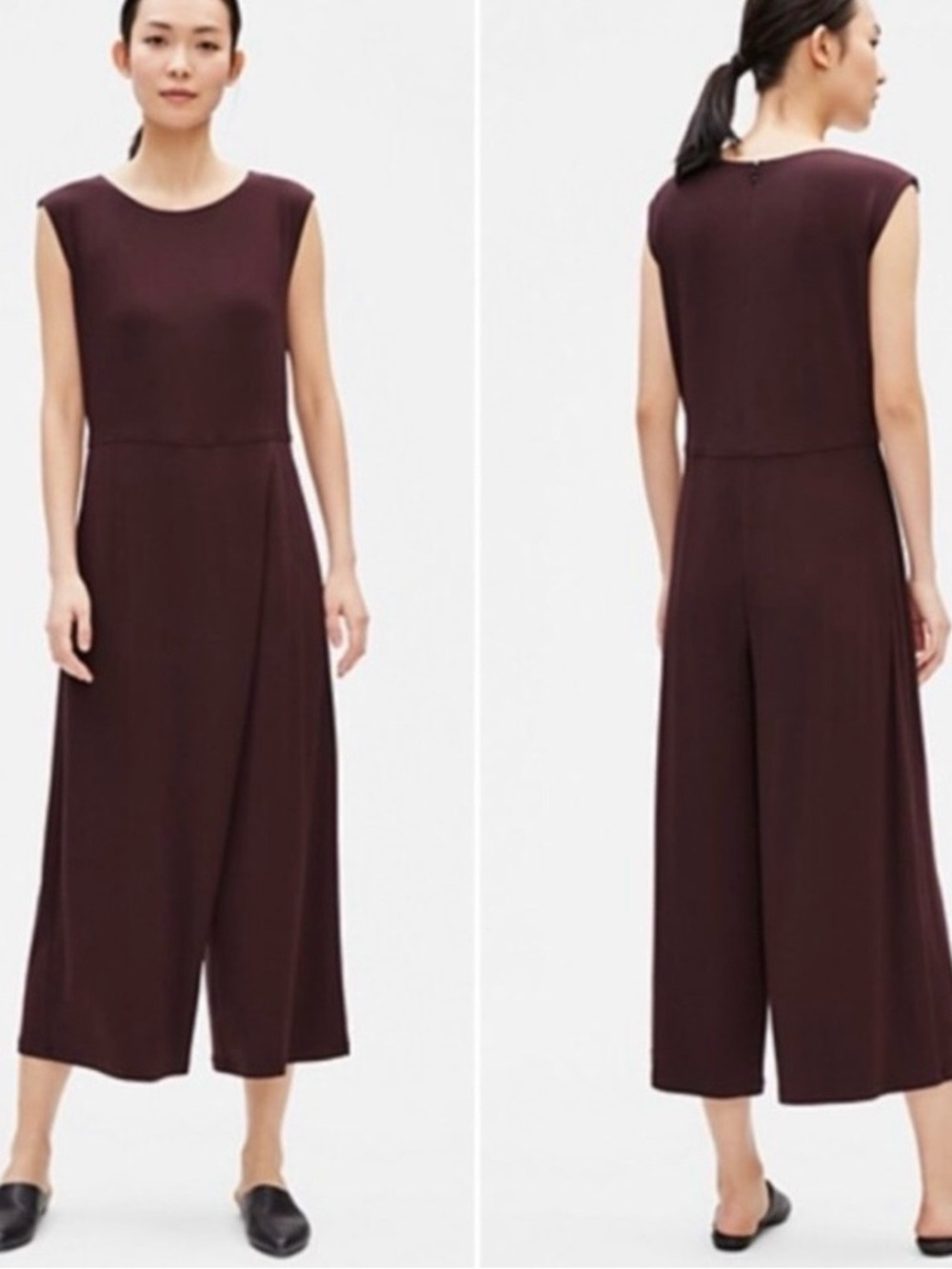 Eileen Fisher Sleeveless Romper in Deep Plum Burgundy wine with pockets